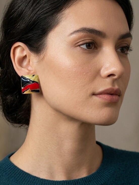 Vintage Jewelry - Retro 80s Square Brass Enamel Earrings